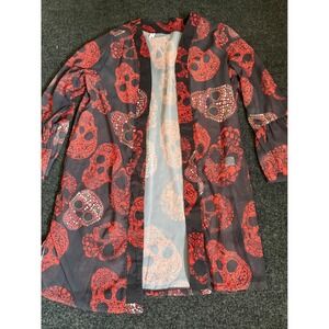 Nextmia‎ Red Black Sugar Skull Print Sheer Kimono Cardigan Bell Sleeve 2XL